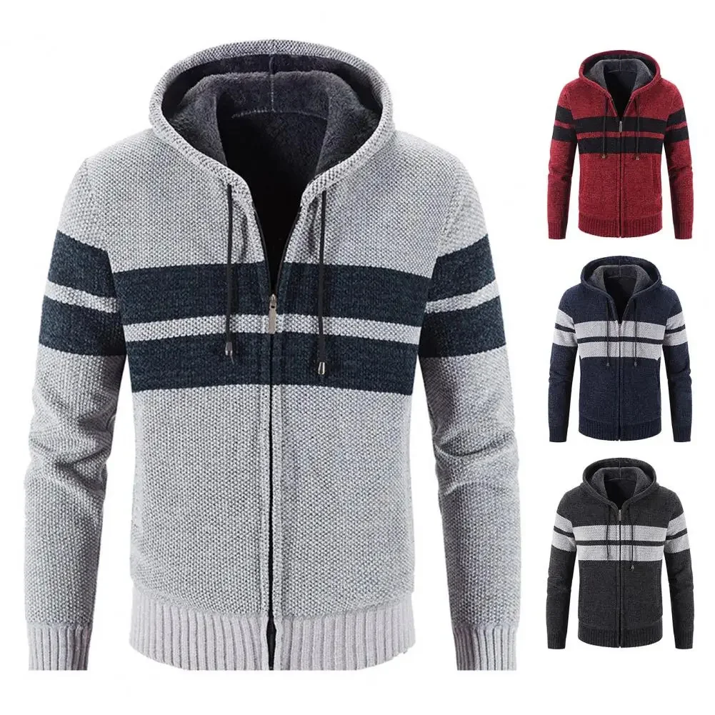 Description Picture 6 of itemFashion New Winter Cardigan Men Striped Hooded Sweater Jackets Casual s Thick Warm Knitting Sweatercoat Clothing