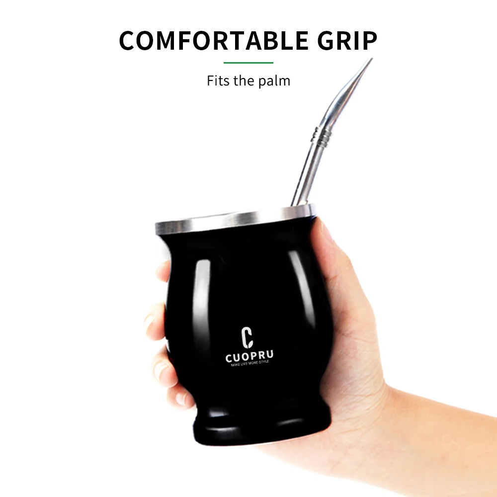 Yerba 메이트 컵 304 스테인레스 스틸 이중벽 조롱박, 봄빌라 및 청소 브러시, 차 분리, 8oz, 아르헨티나