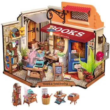 Robotime Miniature House Kit DIY Dollhouse Corner Bookstore with LED DIY Dollhouse Craft Kits for Adults Birthday for Women Kids 1