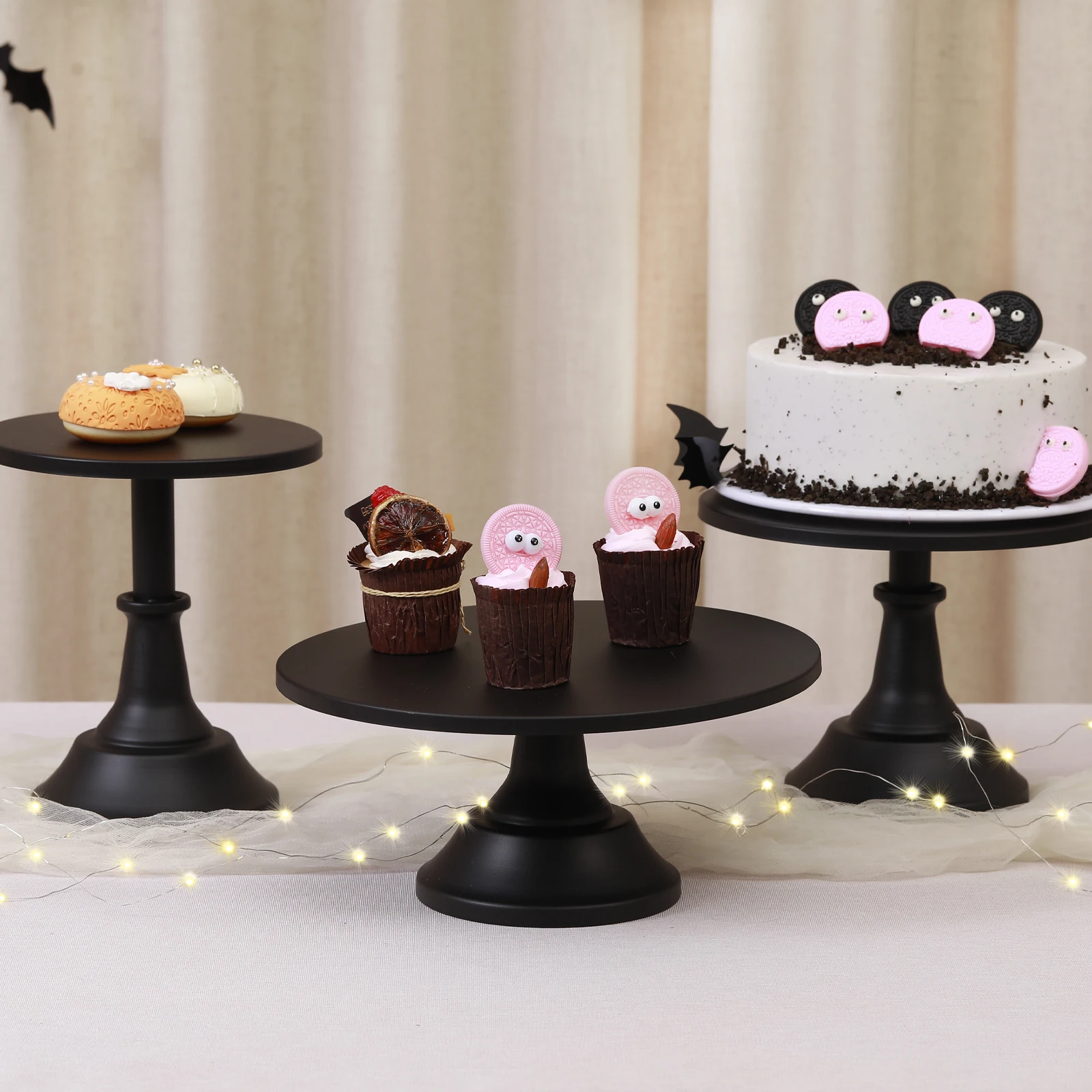 9Pcs Black Cake Stand Set with Halloween Decorations- LED String Lights, Dessert Table Display Set, Cupcake Stands for Party