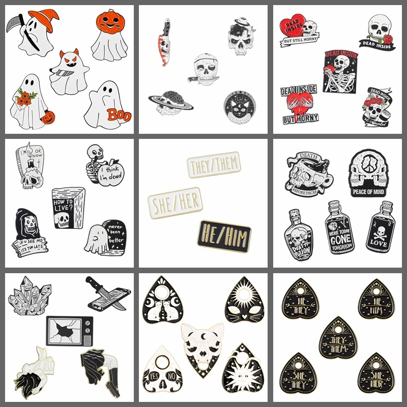 3-5 sztuk/zestaw Retro Punk emalia Pin niestandardowe czarno-białe gotyckie szkielet broszka Halloween odznaka Lapel biżuteria dla najlepszego przyjaciela