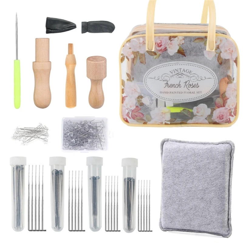 

Wool Felting Needle Includes Finger Cots Wooden Handle Diamond Head Pin and Bag