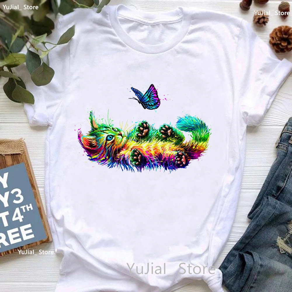 

Rainbow Llama/Cat/Dog/Fox/Giraffe/Wolf Animal Print T Shirt Girls Funny White Tshirt Women Harajuku Kawaii Clothes Summer Tops