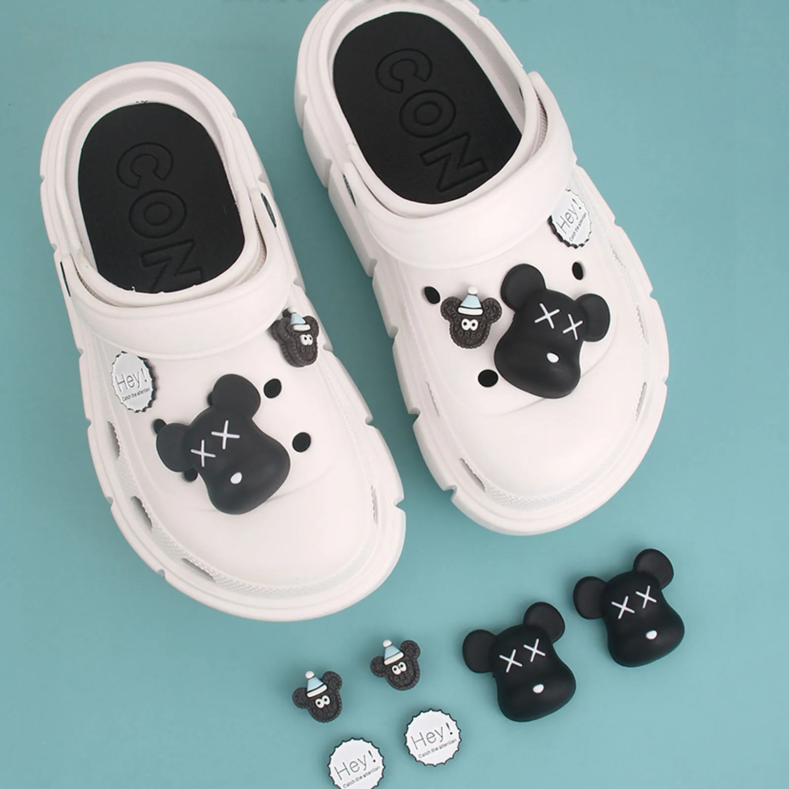 

6pcs set croc shoes charms funny cartoon bear head black/white Accessories jibz for croc clogs shoe Decorations man kids gifts