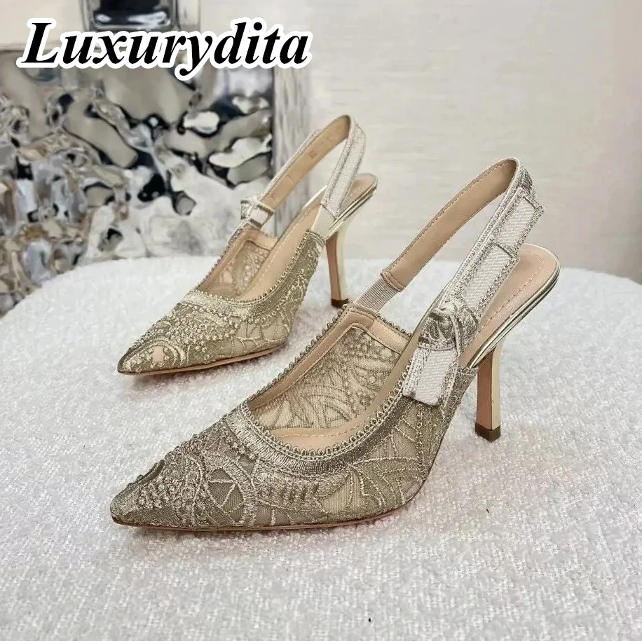 

LUXURYDITA Luxury Womens High Heel Sandal Casual Lace Fashion Embroidered Muller Flat Shoes Designer Silk Leather Soled XY54