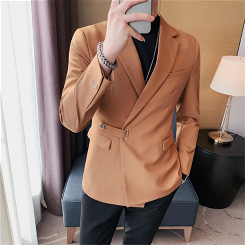 

Деловой Блейзер Masculino Sim fit, костюм, Блейзер, Мужская одежда, оригинальный ремень, дизайнерская Повседневная куртка с длинным рукавом, однотонный пиджак 4XL