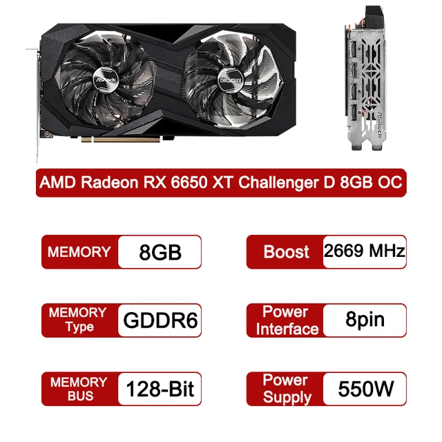 Amd Radeon Rx 6650 Xt Gpu Asrock Rx 6650 Xt Challenger D Gddr6 Graphics 8gb  Oc Pci-express 4.0 128bit Video Card 6650xt Hdcp New - Graphics Cards -