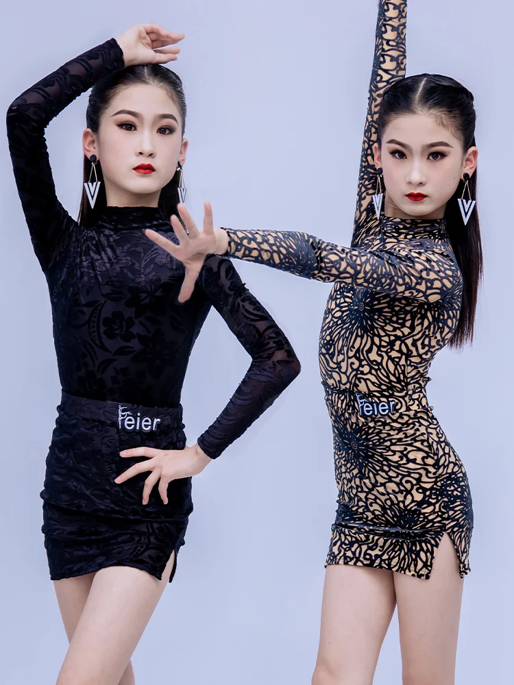 

Latin Dancewear Girls Black Autumn Children's Autumn High-end Pediatric Professional Stage Split Practice Costume sexy dress