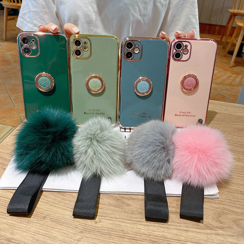 The Silicone Soft Case For IPhone 13Promax 12Mini 11 ProMAX XS XR 7Plus 8Plus Clock holder Phone Case with Wool ball wristband iphone 11 Pro Max phone case