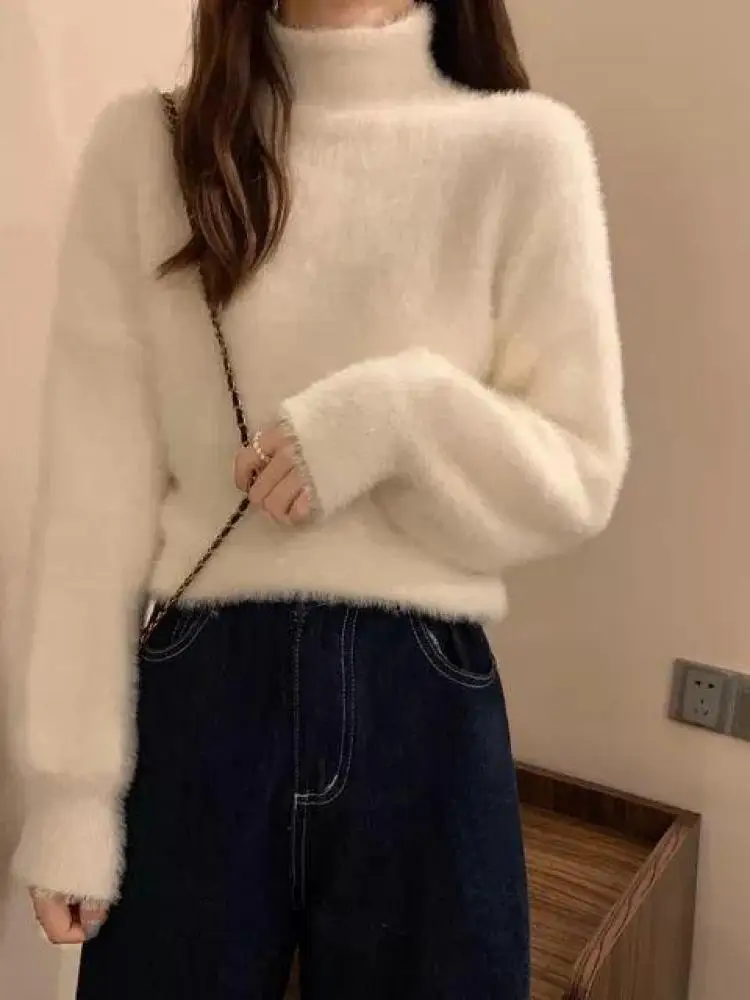 Winter Imitate Mink Wool Hot Fleecing Female Turtleneck Thicken Elastic Casual Sweater Women Knitted Tops Pullovers Soft  Warm 2