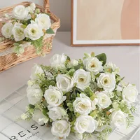 30cm Rose White Silk Bouquet Peony Artificial Flower 5 Big Head 4 Small Bud Wedding Brides Home Decoration Artificial Flower 2