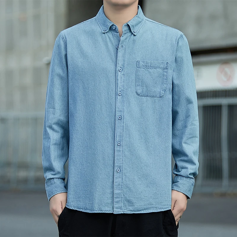 Spring Autumn Men's Denim Shirts Cotton Long Sleeve Solid Color Slim Casual Shirts Mens Blue Streetwear Daily Jean Blouse Tops
