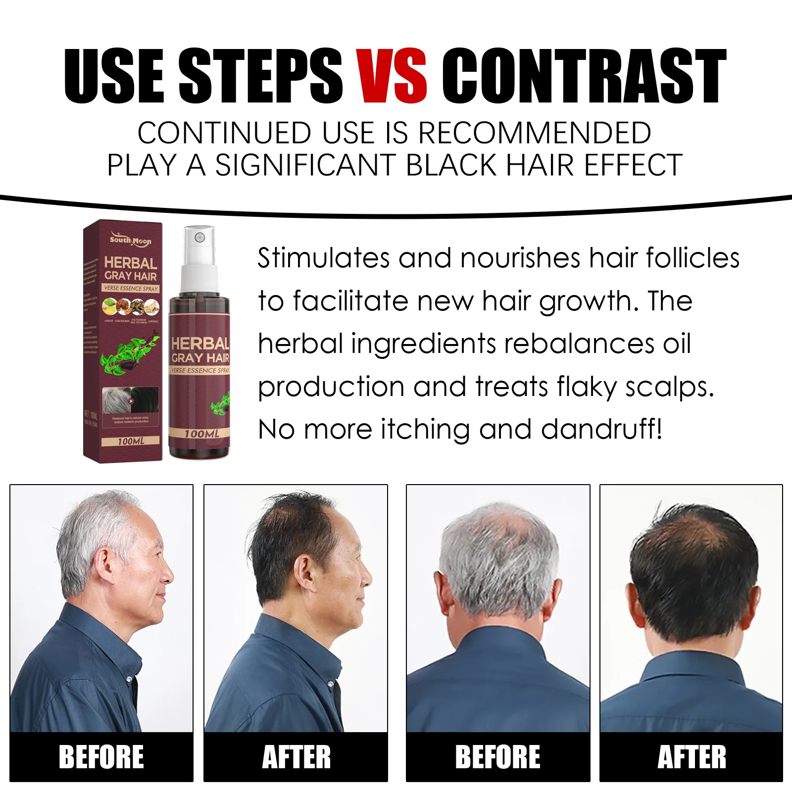 100ml Hair Darkening Spray Anti White Hair Herbal Care Serum Blacken Reduce Gray Scalp Nourish Glitter Spray