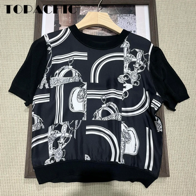 

1.20 TOPACHIC Women's Pink Black Tee Round Neck Short Sleeve Patchwork Silk Print Loose Casual T-Shirt