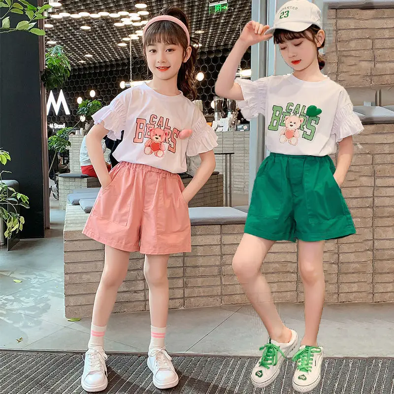 

Summer Girls Alphabet Cartoon Ruffled Sleeves T-shirt Tops+Short Pants Set School Kids Tracksuit Children Outfit Suit 3-16 Years