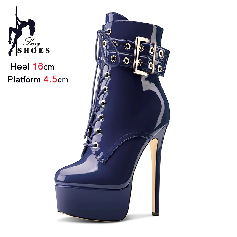 Pole Dance Ankle Boots Foreign Trade Patent Leather Super High Heels Women Short Boots Fashion Round Toe Side Zipper Lady Shoes