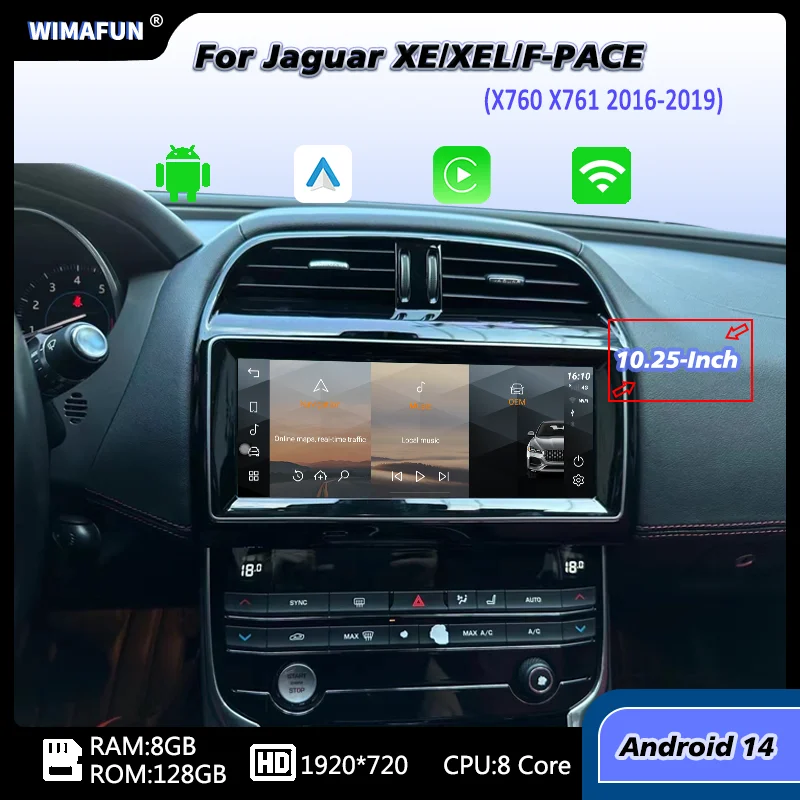 Radio Multimedia para Auto de 10.25 Pulgadas para Jaguar XE F-PACE X760 X761 Android 14 2016-2019, Reproductor Multimedia con CarPlay y Sistema Inteligente para Auto 1