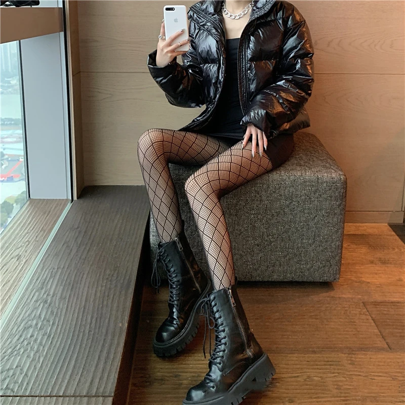 

New Women's Fishnet Tights Black Rhombus Thigh High Nylons Mesh Transparent Stockings Sexy Lingerie Pantyhose Girl Plus Size
