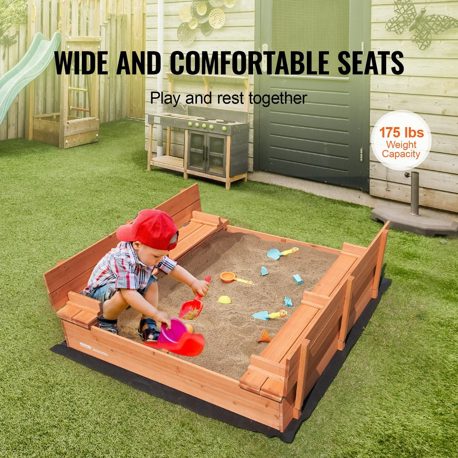 Wooden Sandbox, 52.4 x 47.2 x 16.9 in Sand Box, Sand Pit with Foldable Bench Seats and Bottom Liner, Natural Wood Kids Sandbox 5