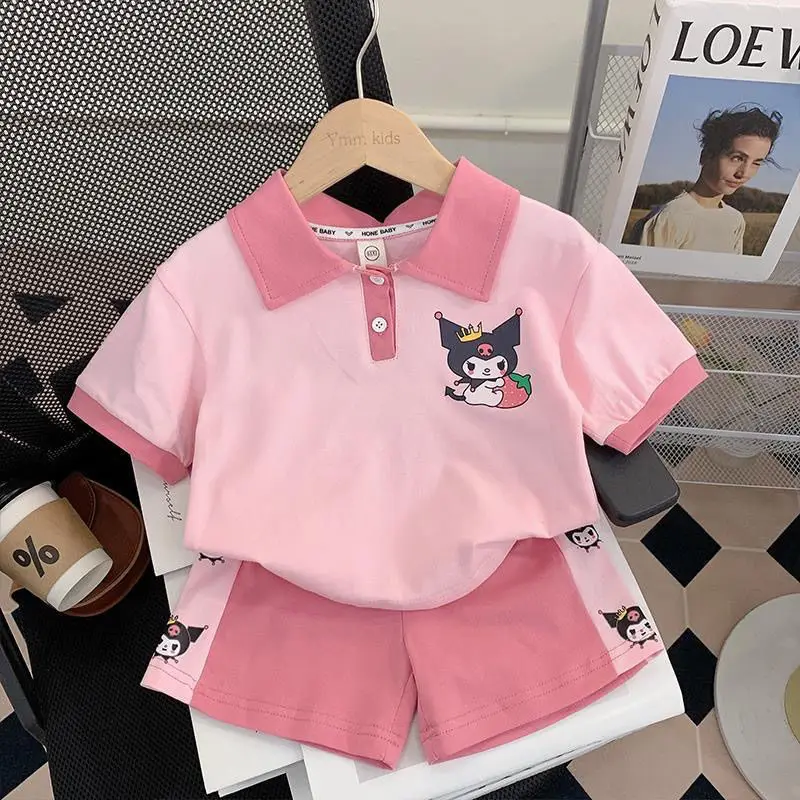 

New Kawaii Sanrio Kuromi Kids T-Shirt Set Summer Children's Sports and Leisure Short-Sleeved Polo Shirt Shorts Two-Piece Set