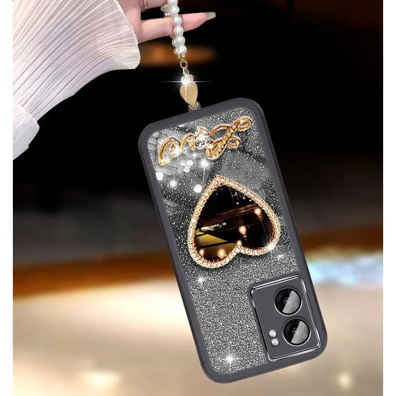 Perlenarmband für OPPO A57 A77 A58 A78 A98 A38 Realme C53 Reno 2Z 2F A16 Spiegelabdeckung Glänzende Glitzerhülle A 57_voghion.com