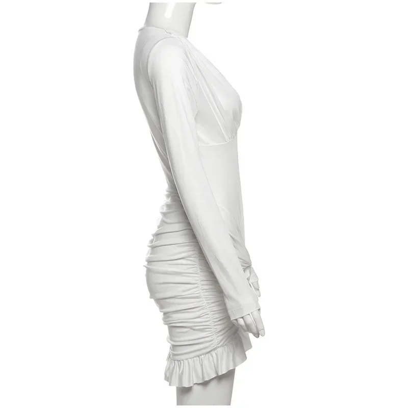 V-ausschnitt Schlank Gefaltetes Kurzes Kleid Frau Taille Cinched Einfarbig Lange Ärmel Kleider Sexy Chic frauen Neue Vielseitige Mini kleid – Detail 11