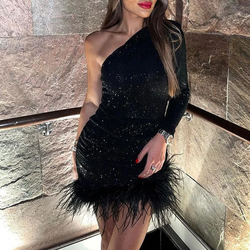 

New Autumn Black Sequins Sexy Party Dress Feather Patchwork Long Sleeve Slim Mini Dress Fashion Ladies Off Shoulder Short Dress