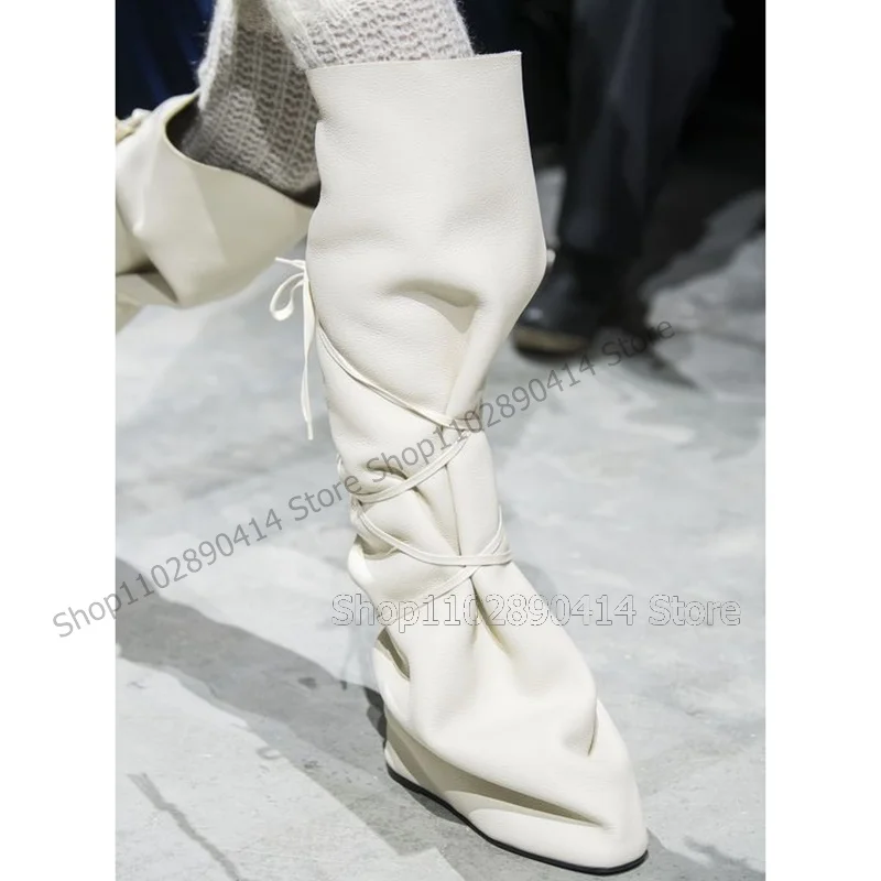 

White Pleated Design Strappy Square Toe Runway Boots Slip On Women Shoes Wedges Heel Fashion Banquet 2023 Zapatos Para Mujere