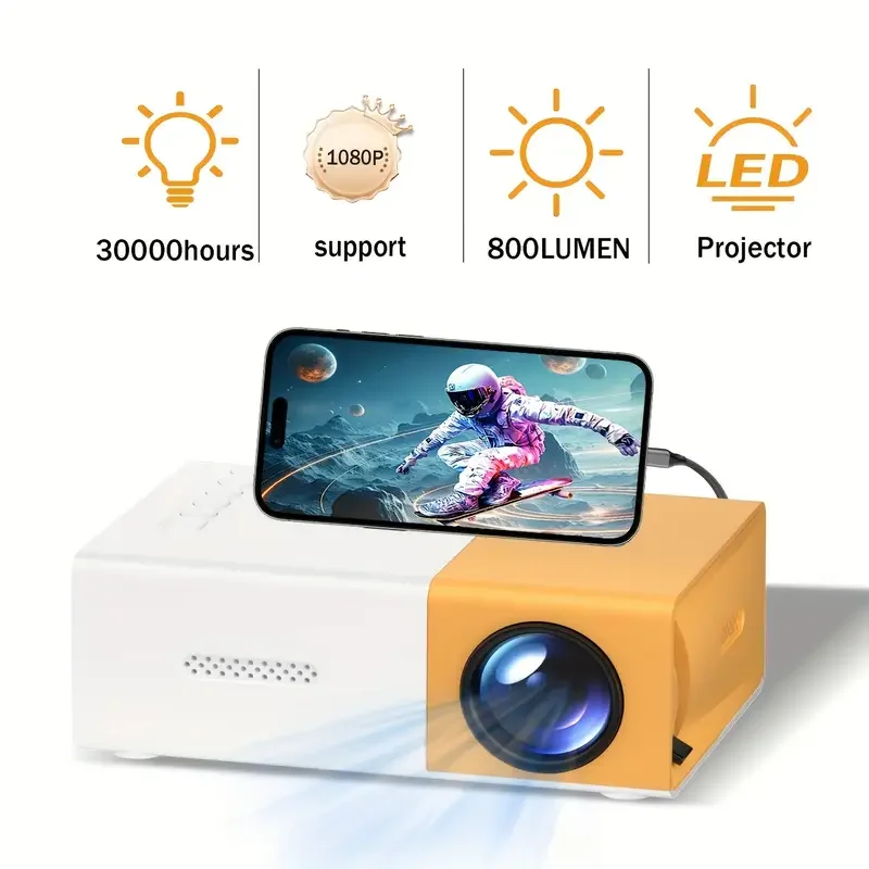 Mini projector 72-inch screen LED lamp life 30000 hours, support hd, compatible with Android/IOS/Windows/HDTV/USB