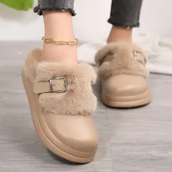Waterproof Eva Thick Bottom Furry Clogs Women 2025 Winter Metal Buckle Fluffy Fur Outdoor Slippers Woman's Warm Plush Slippers 1