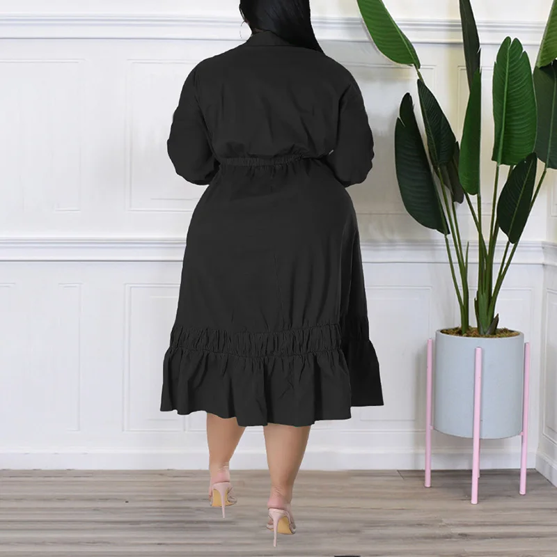 Bandage Solid Color Bow Long Sleeve Patchwork Ruffle Autumn V-Neck Crinkle Plus Size Clothes Loose Casual Midi Shirt Dress Lady