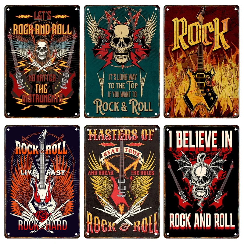 

Rock Band Guitar Skull Retro Metal Signage Tin Painting Music Poster Home Living Room Bar Club Band Wall Art Decor Aesthetic