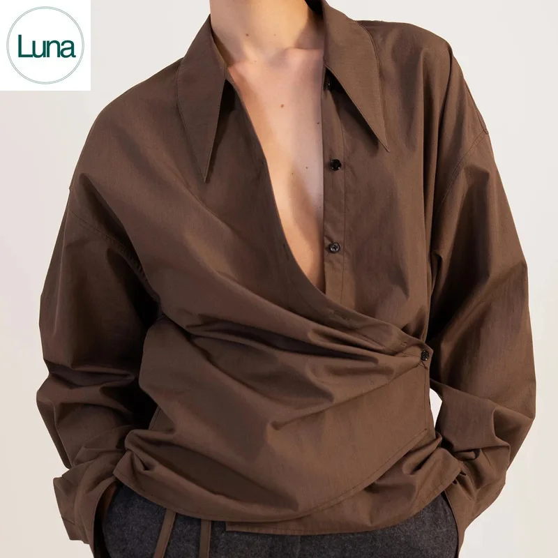 

Spring and summer 2023 European and American niche temperament commuting V-neck long sleeve wrapped cotton shirt woman