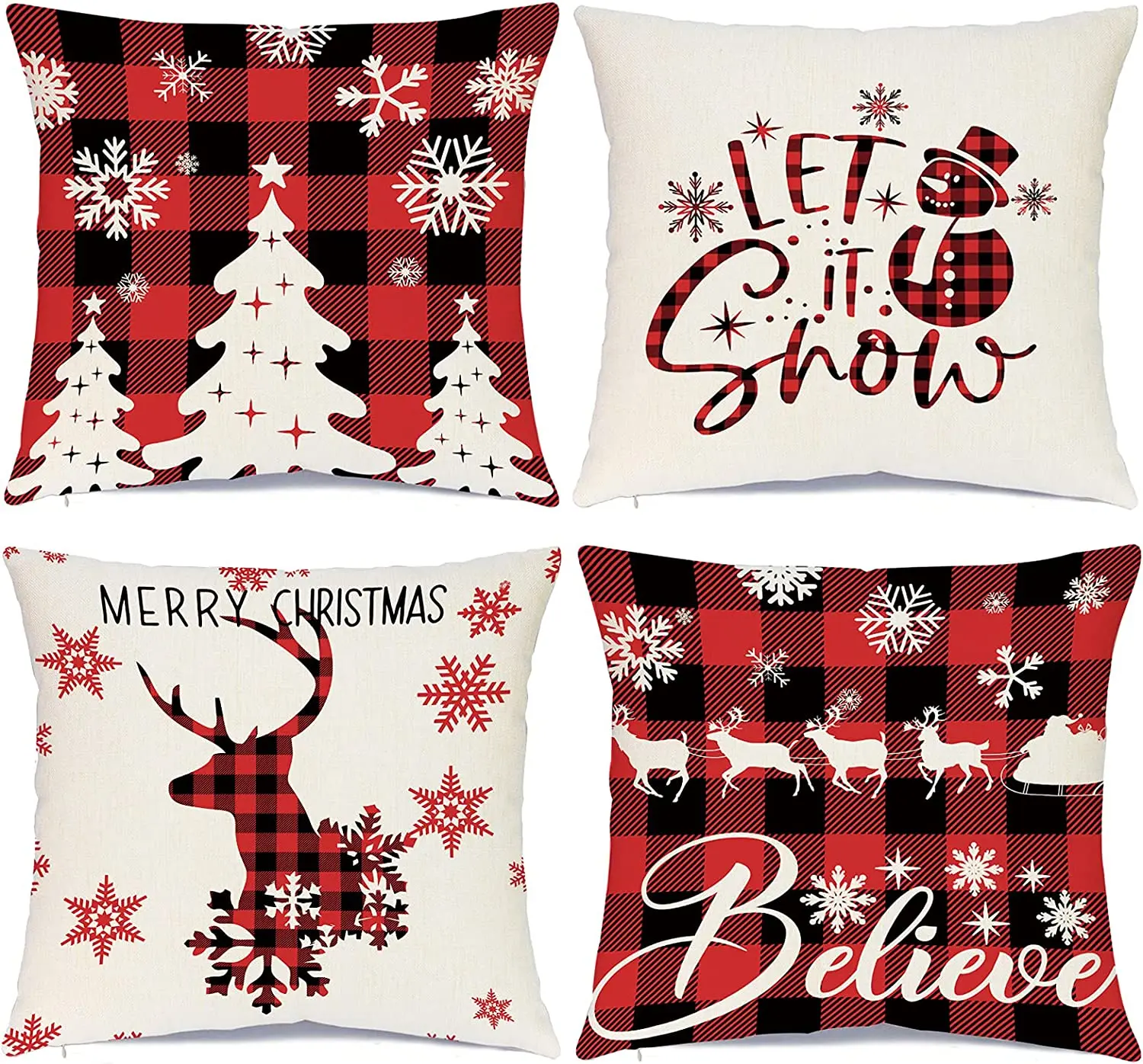 

Christmas Throw Pillow Covers 18x18 Inches Set of 4 Holiday Decorations Winter Black and Red Buffalo Plaid Rustic Pillowcases