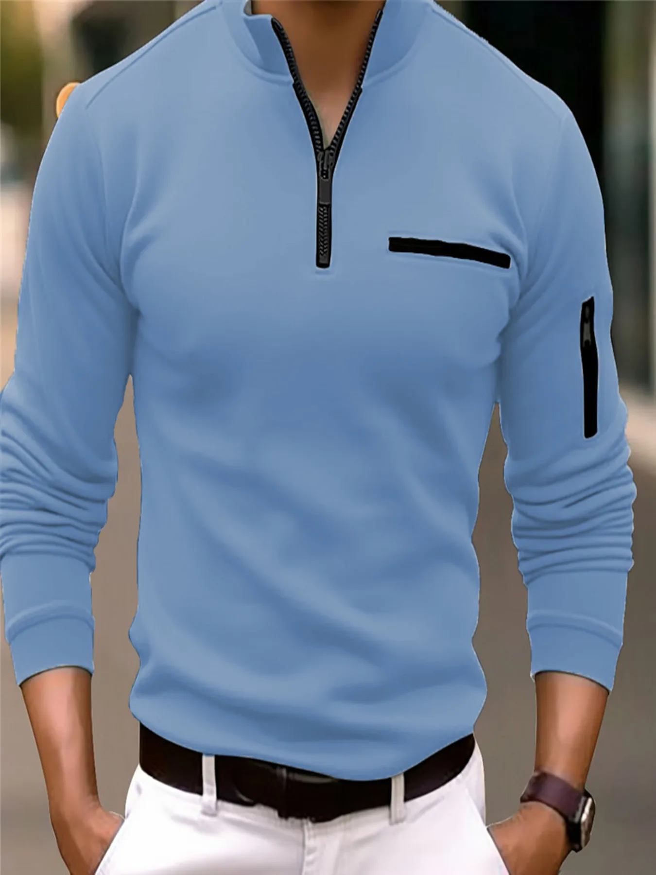 

New arm pocket chest pocket zipper standing collar, autumn and winter long-sleeved hoodie, casual slim top