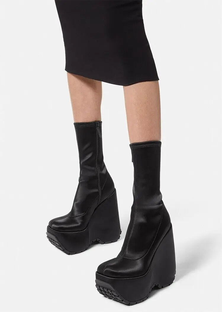 

Square Toe Chunky Platform Wedges Mid-calf Boots Rubber Soles Thick Soles Sewing Side Zipper Women's Boot Winter