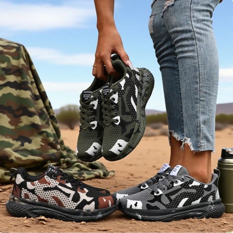 Women's Mesh Hiking Shoes Breathable Knit Fabric Lightweight Anti Slip Fashion Camo Sneakers Outdoor Camouflage Worker Shoes