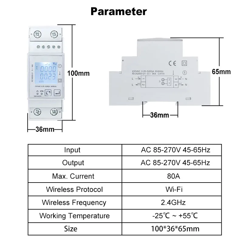 태양광 양방향 양방향 Tuya 스마트 WiFi 전력계 단상 80A kWh 전력 모니터 와트계 전압계 암페어계 110V 240VAC 원격 제어 스위치 ON OFF