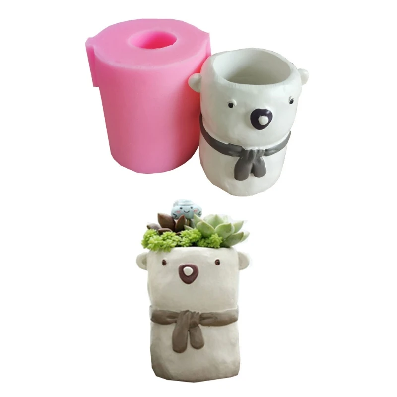 Y4QE Little Bear Succulents Flower Pot Epoxy Resin Mold Plant Vase Silicone Mould DIY Crafts Concrete Clay Casting Tool