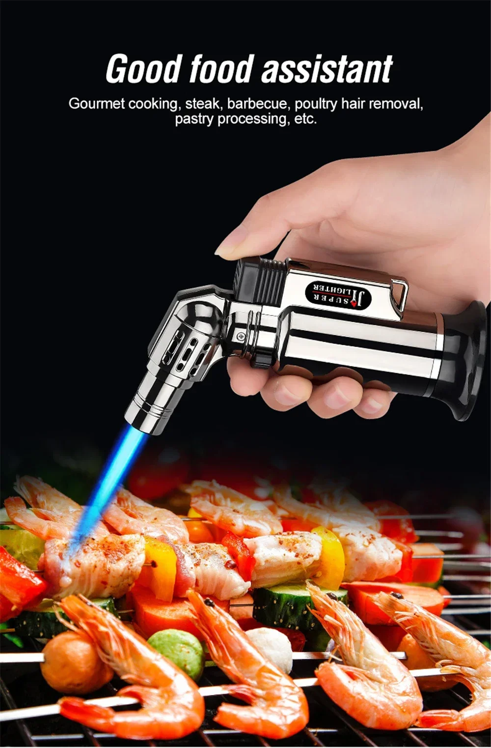 Description Picture 6 of itemMetal Windproof Turbine Gas Lighter Flame Powerful Spray Gun Blue Flame Cigar Lighter Welding Torch Kitchen Cooking Adjustable