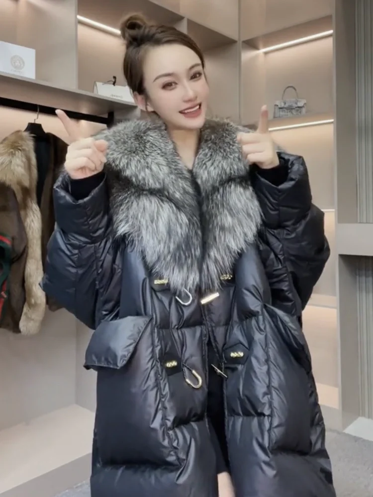 Women's 2024 Winter New High-End Fashion Down Jacket Fur Silver Fox Big Fur Collar Thick Warm Long Sleeves Elegant Down Coats