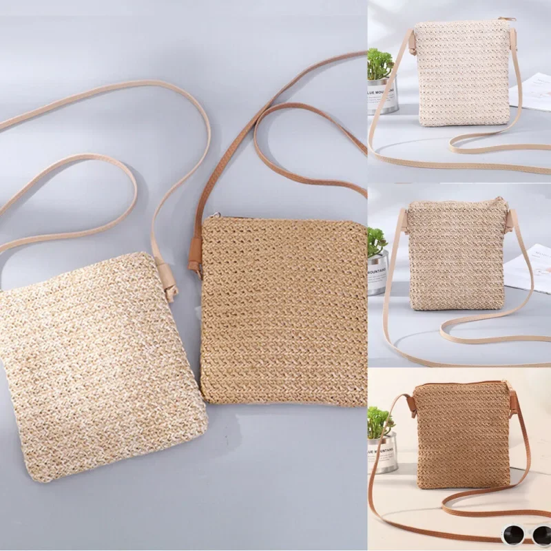 2024 Newest Fashion Ladies Summer Straw Shoulder Bags Hand-Woven Beach Crossbody Straw Small Square Rattan Bags Handbag