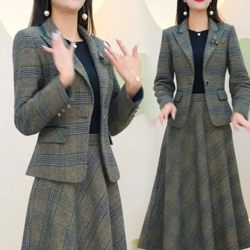 Elegant Plaid Skirts 2 Piece Set Slim Blazer Jacket + A-line