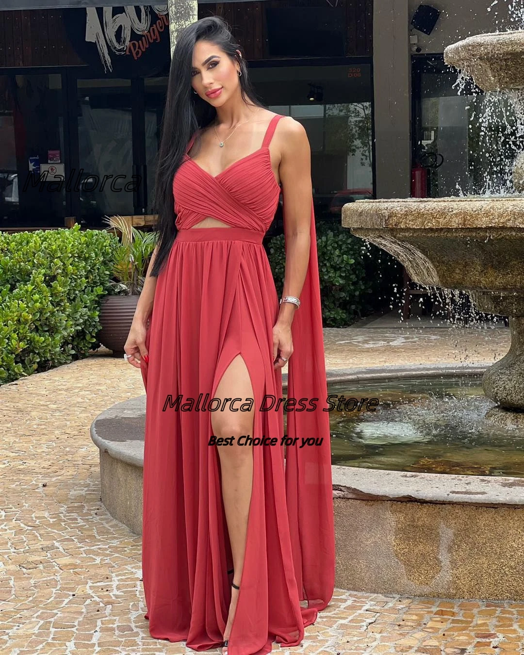 

Mallorca Summer Sexy Ladies Wear Side Slit Chiffon Prom Dresses Spaghetti Sweetheart Evening Dress with Flutters Formal Gowns