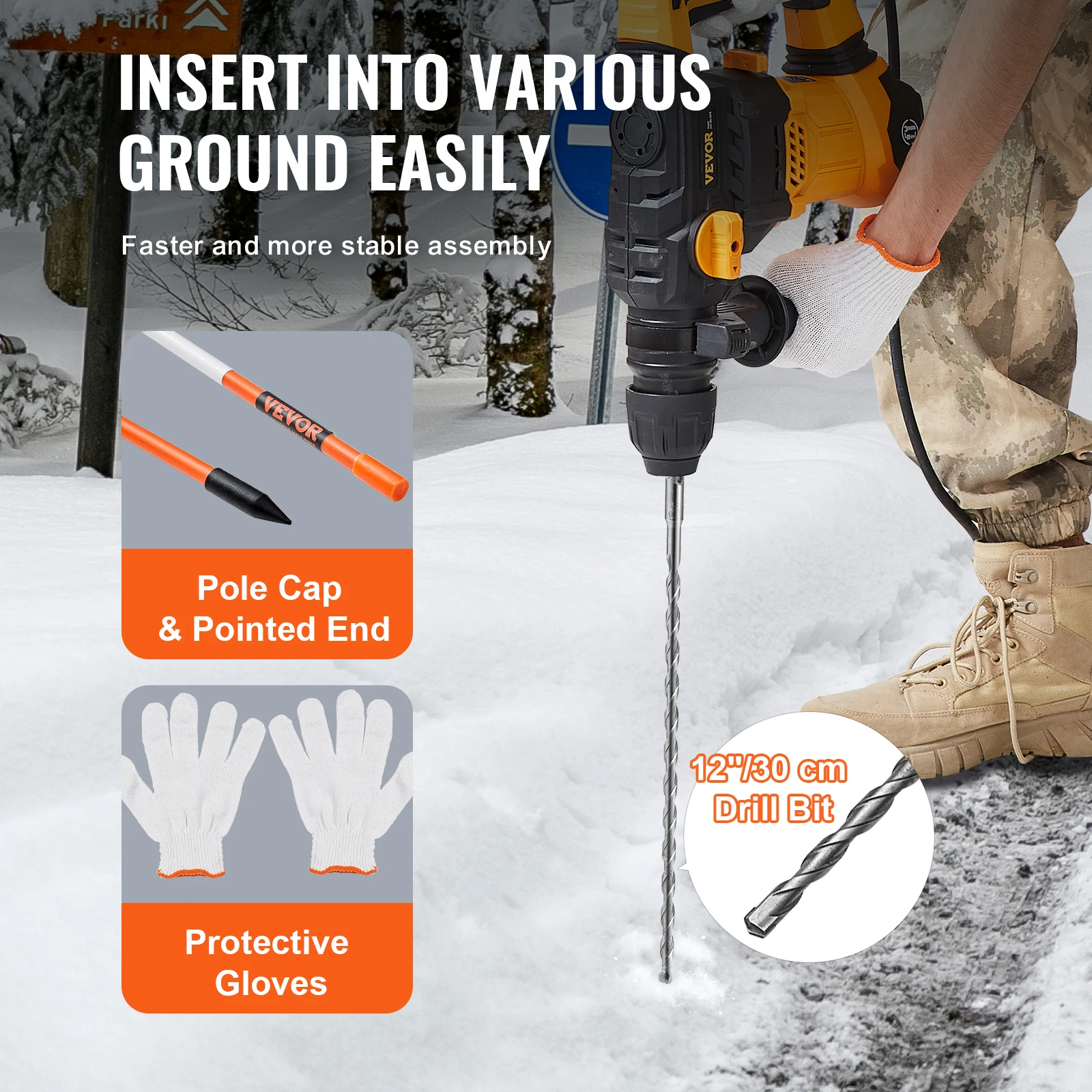 VEVOR Driveway Markers 48 inch 0.4 inch Diameter Fiberglass Poles Snow Stakes For Parking Lots Walkways Easy Visibility 3