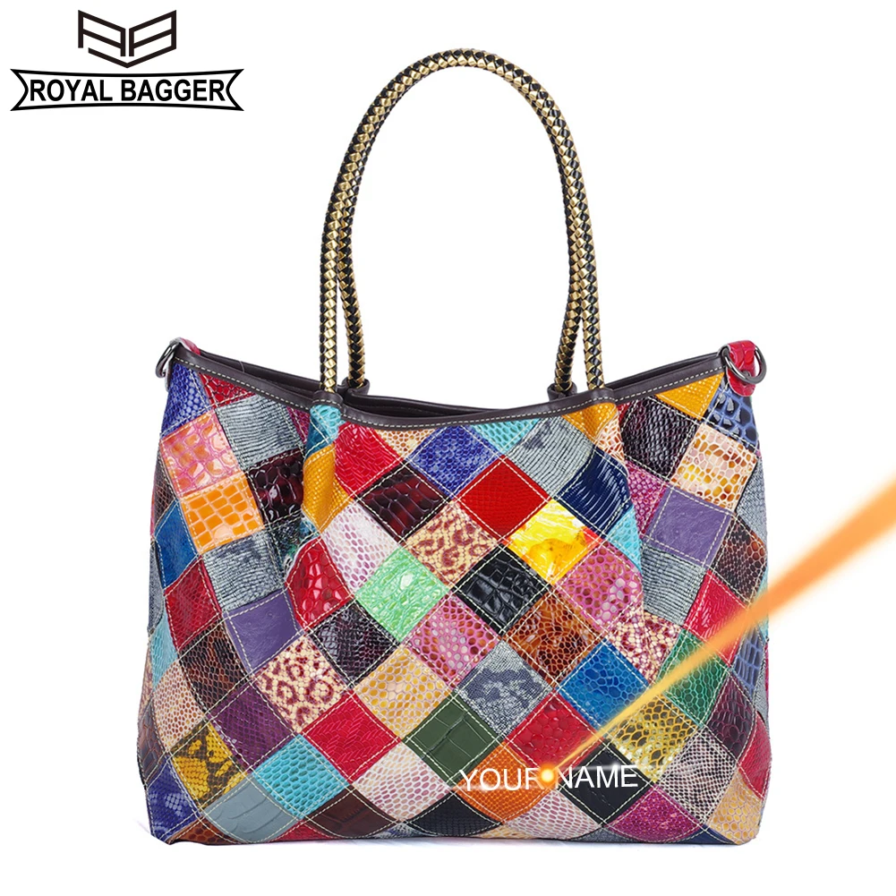 

Royal Bagger Handbags for Women Vintage Contrast Bags Genuine Cow Leather Patchwork Color Shoulder Crossbody Bag 750C
