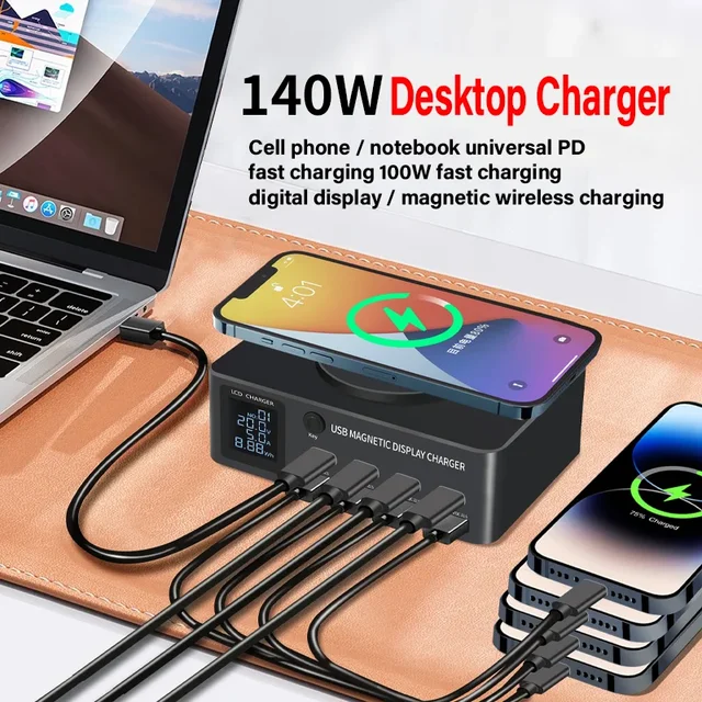 140W USB Type C Charger Magnetic Wireless Charging Multi Ports Fast Charger PD QC3.0 Charge For iPhone Xiaomi Samsung Laptop 6