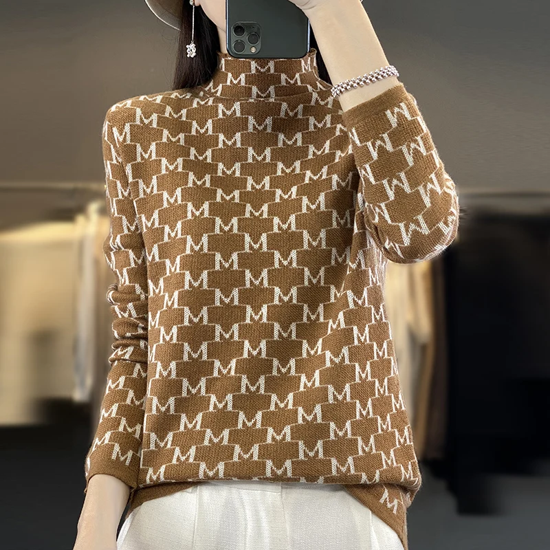 Autumn Winter 100% Pure Wool Soft Thickening Sweater Women Half