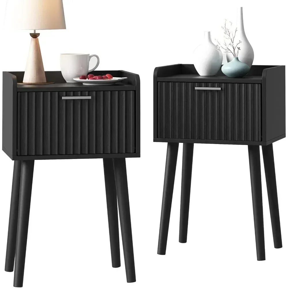 Nightstand Set of 2, Small Bed Side Table with Fluted Door, End Table with Solid Wood Legs, Mid-Century Bedside Table for Bedro
