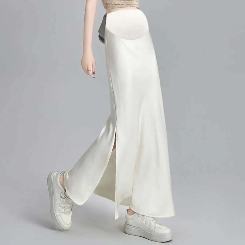 Summer French Style Pregnant Woman Retro Belly Skirts Acetate Satin Maternity Mermaid Skirt with Slit Pregnancy Fishtail Skirts